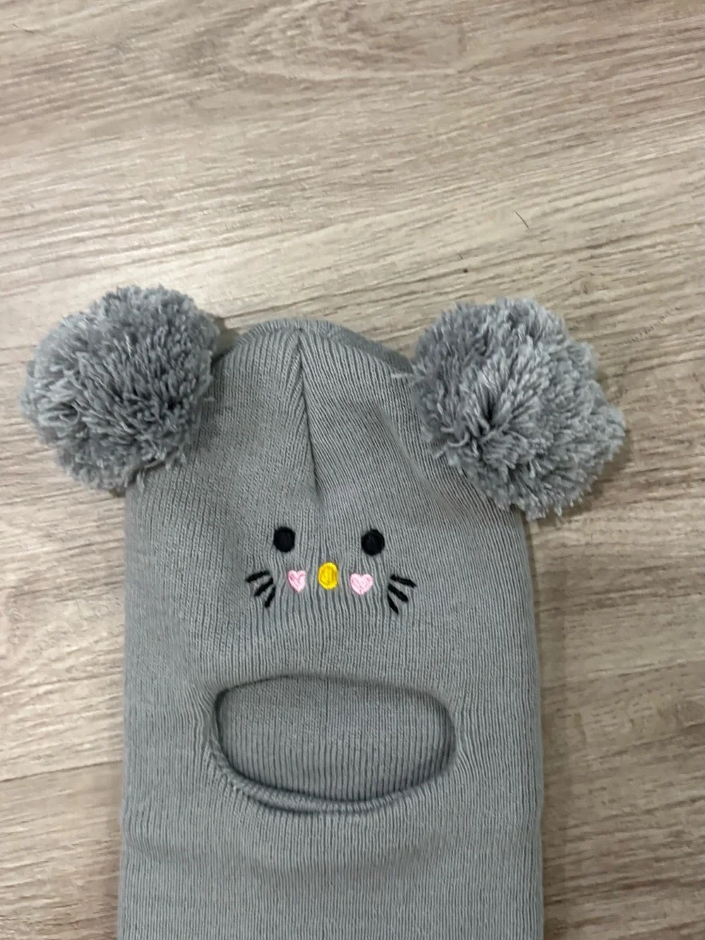 Gray Kids Pom-Pom Balaclava Hat with Embroidered Face